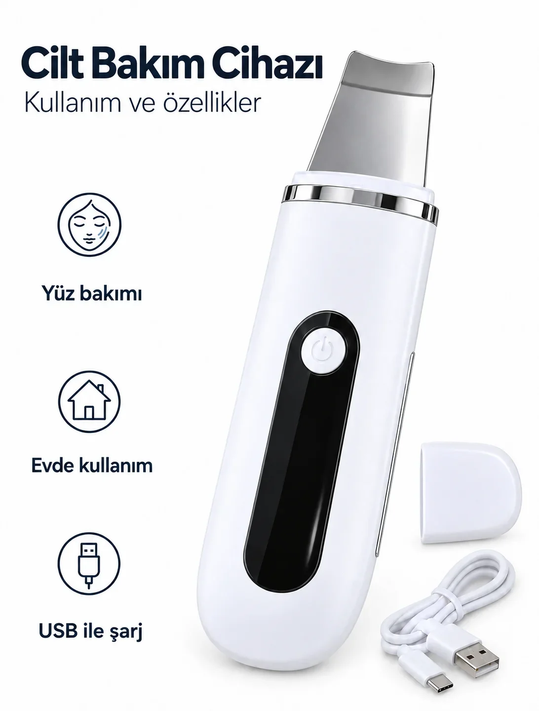 USB Şarjlı Metal Spatula Uçlu Beyaz Yüz ve Cilt Bakım Cihazı görsel 4