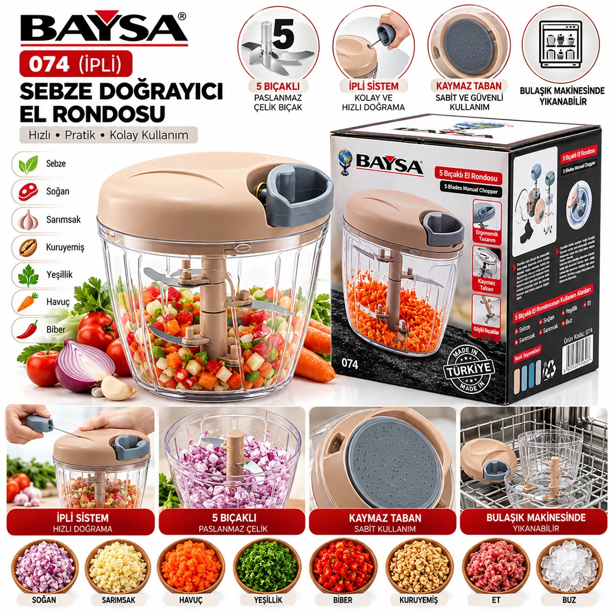 İpli 5 Bıçaklı Kaymaz Taban - Paslanmaz Bıçak Sebze Doğrayıcı El Rondosu görsel 2