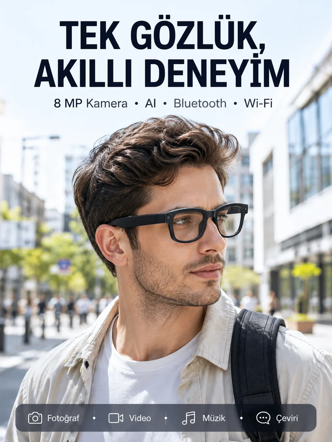 Siyah 8 MP Kameralı Akıllı Gözlük Bluetooth Wi-Fi Bağlantılı Fotoğraf Video Ses Kayıtlı AI Destekli 3 Lensli