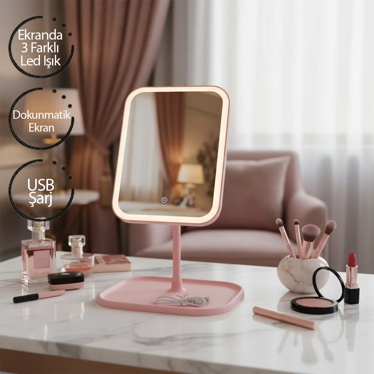 7\" LED USB Şarjlı Dikdörtgen Makyaj Aynası, 90° Ayarlı görsel 5