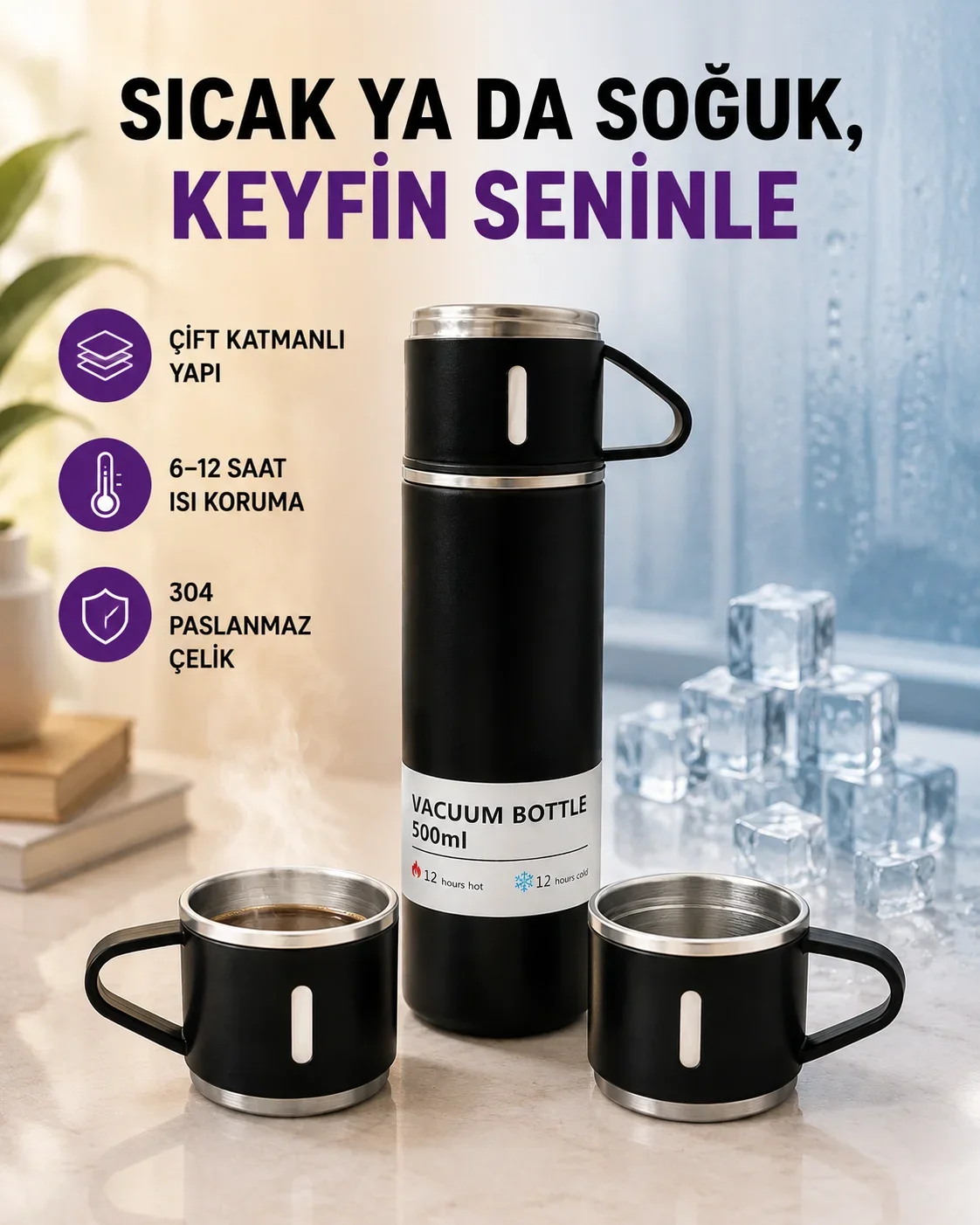 Paslanmaz Çelik Termos Seti | 500 ml Kapasite, 6-12 Saat Isı Koruma, Hediye Kutulu