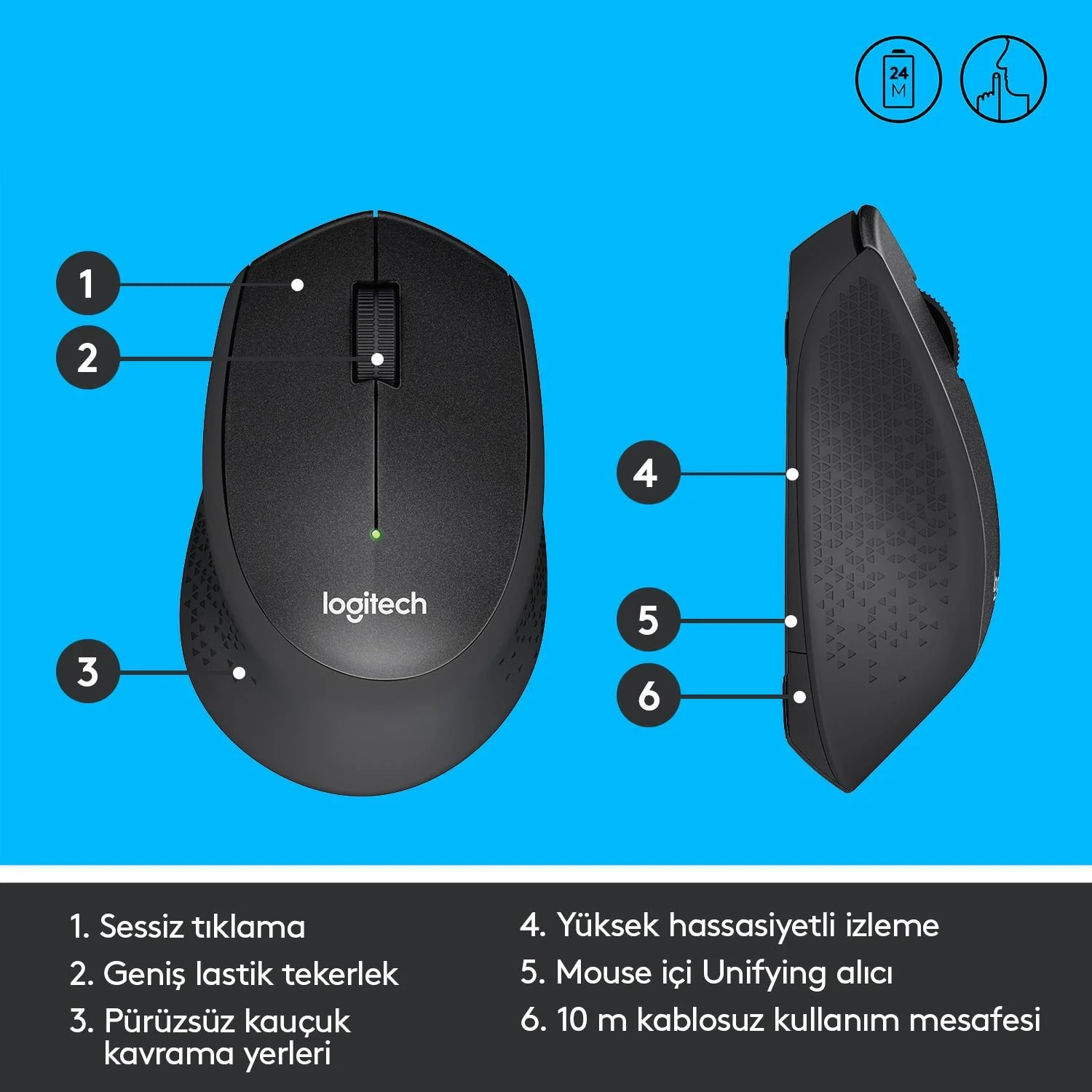 M330 Sessiz Kablosuz Usb Optik Mouse Siyah 910-004909 görsel 3