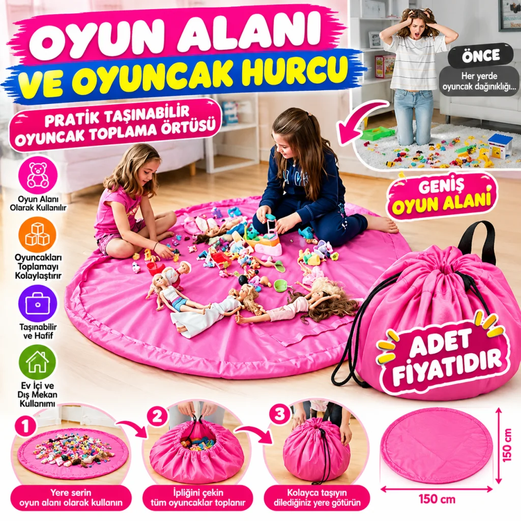 Pratik Taşınabilir Pembe Oyuncak Toplama Örtüsü Oyun Parkı Hurcu (adet fiyatıdır)