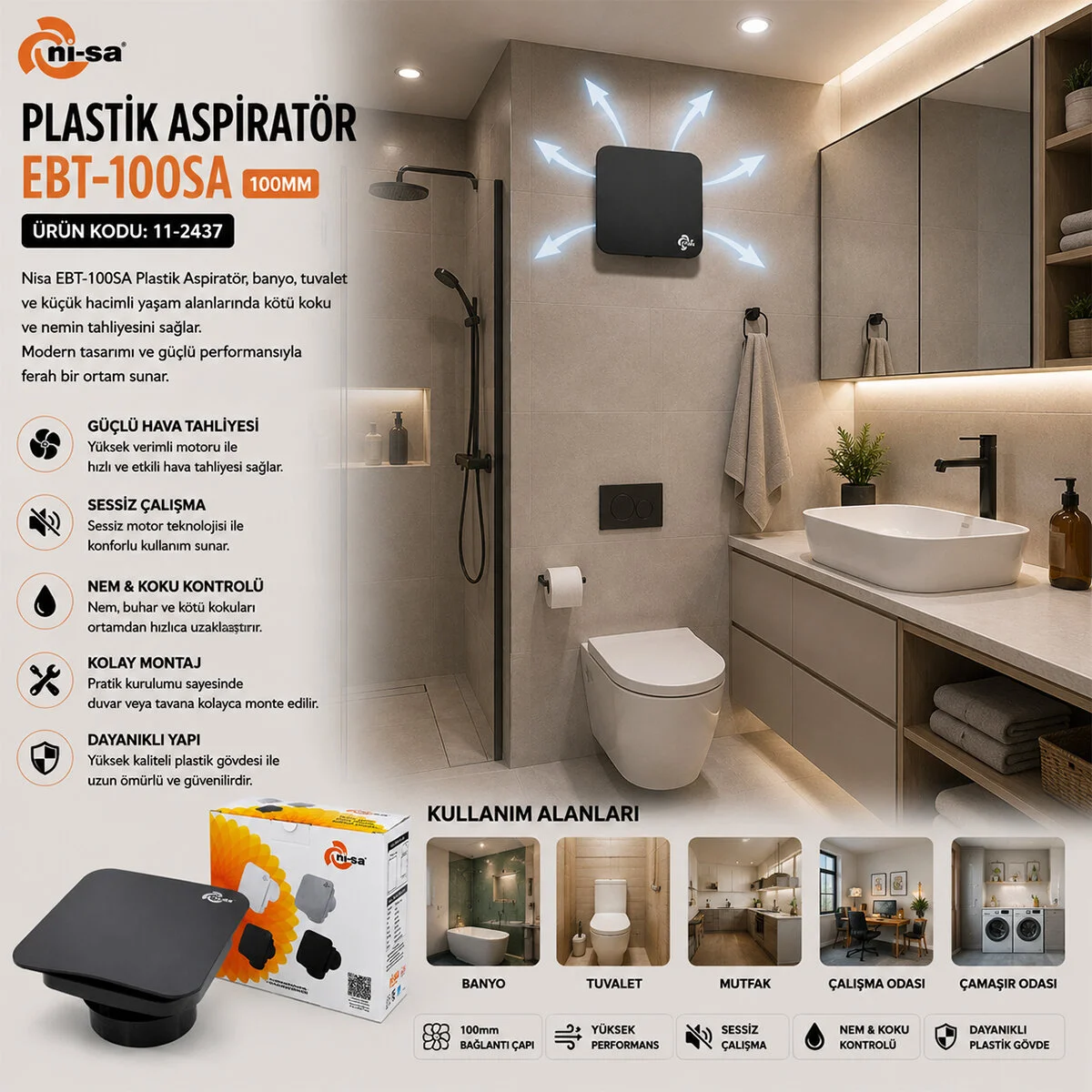 Plastik Aspiratör 100 Antrasit Banyo Tuvalet Havalandırma Aspiratörü 12W EBT-100SA görsel 3