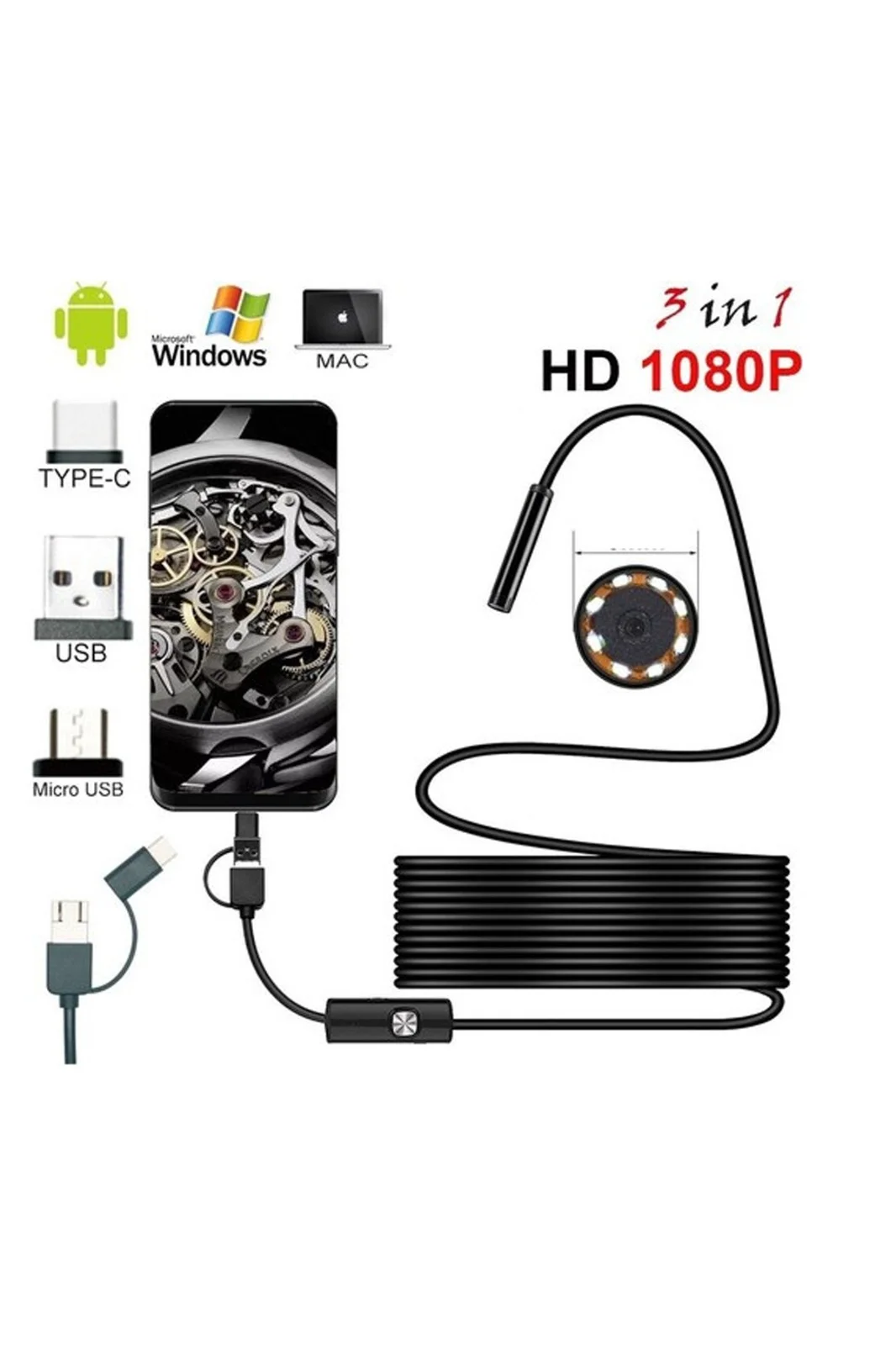 Endoskop 3 in 1 Yılan Kamera USB Micro Usb Type-C 20 Metre yumuşak Kablo