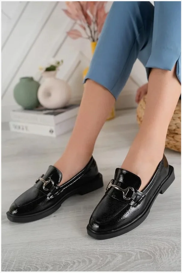 Kadın Loafer Tokalı Ayakkabı Ayakkabı Topuklu Taban Kalın Casual Günlük Deri Zincir görsel 2