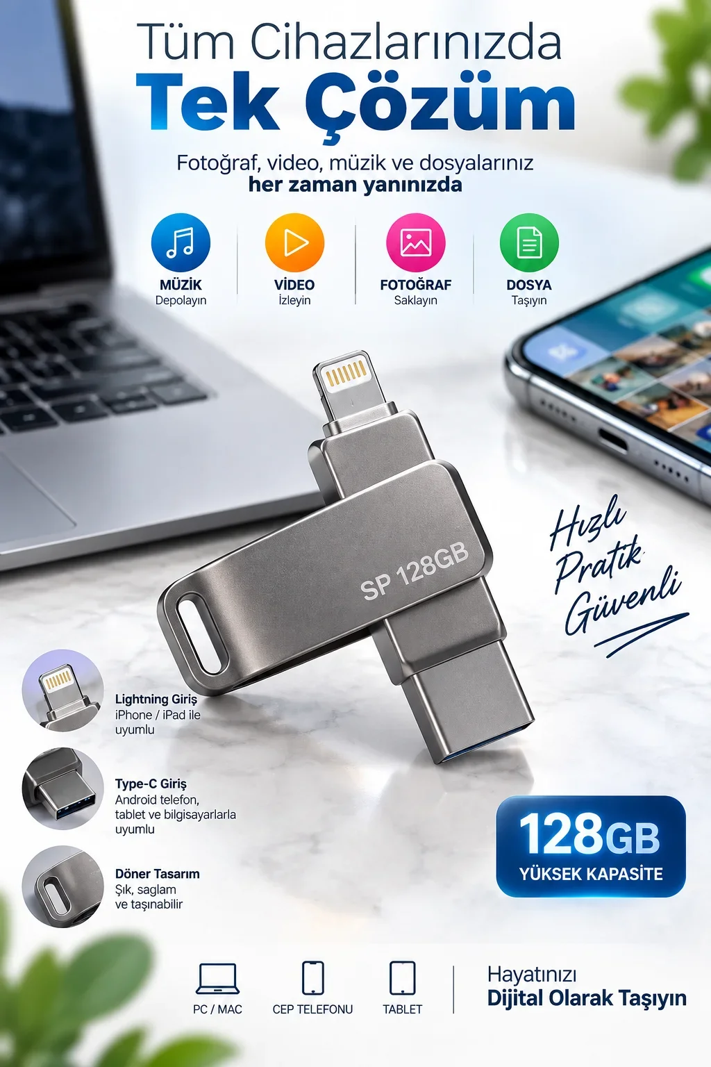 Çoklu Girişli 128GB Lightning Type C USB Flash Bellek Telefon Tablet ve Bilgisayar Uyumlu görsel 3