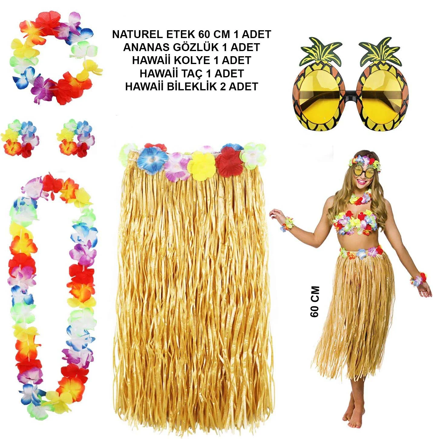 Hawaii Parti Kostüm Seti - 60 cm Hasır Etek, Çiçekli Aksesuarlar ve Ananas Gözlük