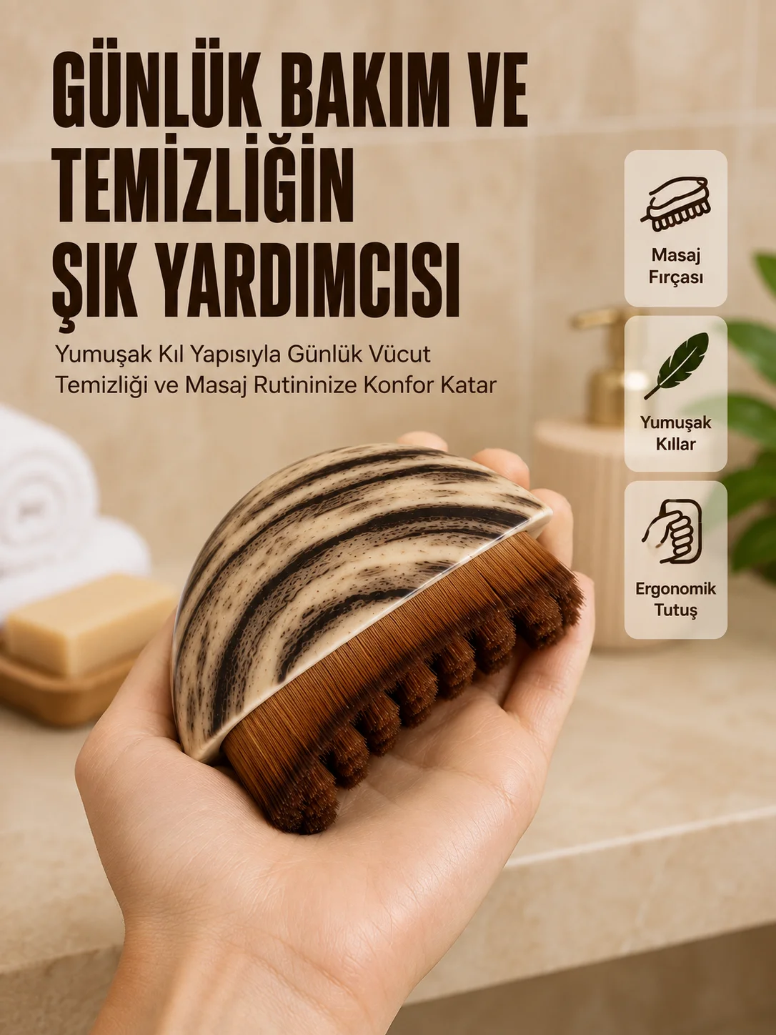 Banyo Masaj Fırçası Yumuşak Kıllı Ergonok Vücut Tezleme Fırçası