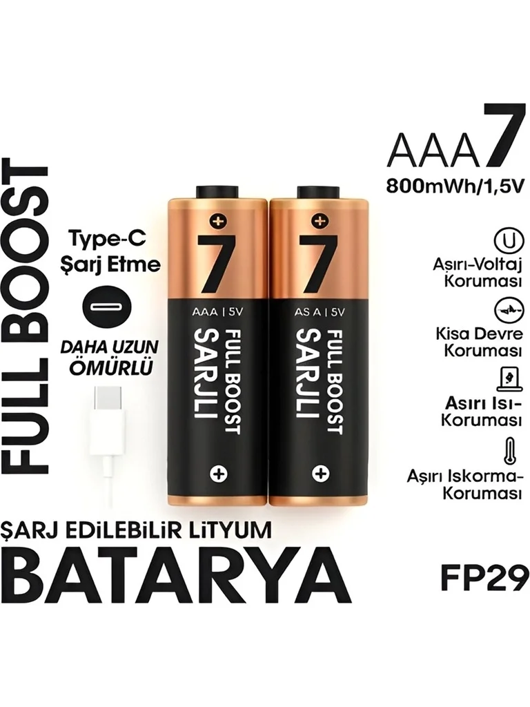 Type-C Şarjlı 800MWH 1.5V Şarj Edilebilir 2’li AAA İnce Pil - Lityum Iyon Batarya