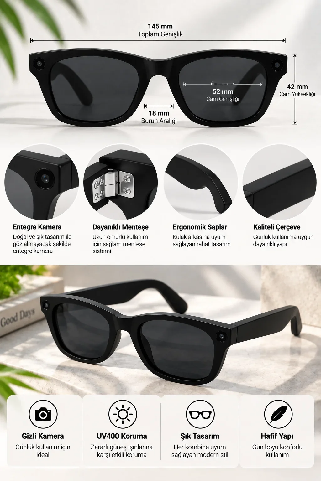 Kameralı Akıllı Güneş Gözlüğü Smart Glasses Anı Kaydetme (Kopya) görsel 2