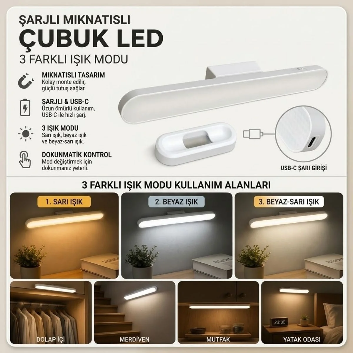 Şarjlı Manyetik LED Çubuk Lamba, Dokunmatik, 3 Modlu, Kablosuz Mutfak Dolap Altı ve Dekoratif Aydınlatma