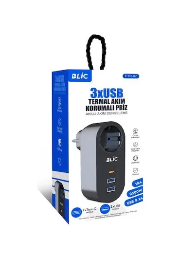 FTR-07 2xUSB 1xTypeC Termal Akım Korumalı Isıya Dayanıklı Tekli Priz görsel 3