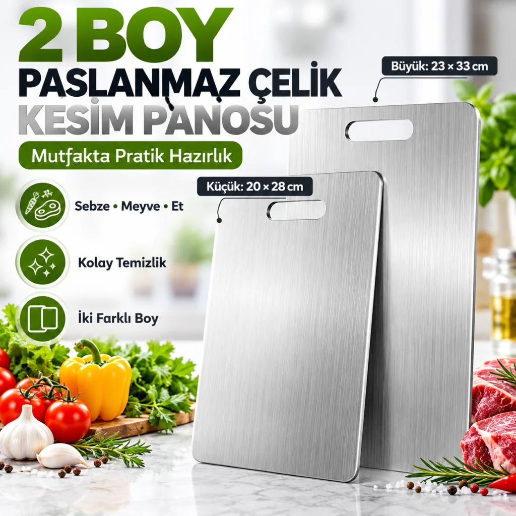 2 Boy Paslanmaz Çelik Leke Tutmaz,Kırılmaz,Antibakteriyel,Elde ve Bulaşık Makinesinde Yıkanabilen Meyve,Sebze,Et,Tavuk Kesim Panosu