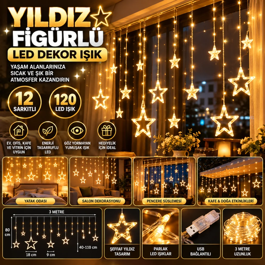 Kumandalı Yıldız Figürlü 12 Sarkıtlı 120 LED Uzaktan Kumandalı Dekor Işık – Masaüstü ve Ortam Aydınlatması
