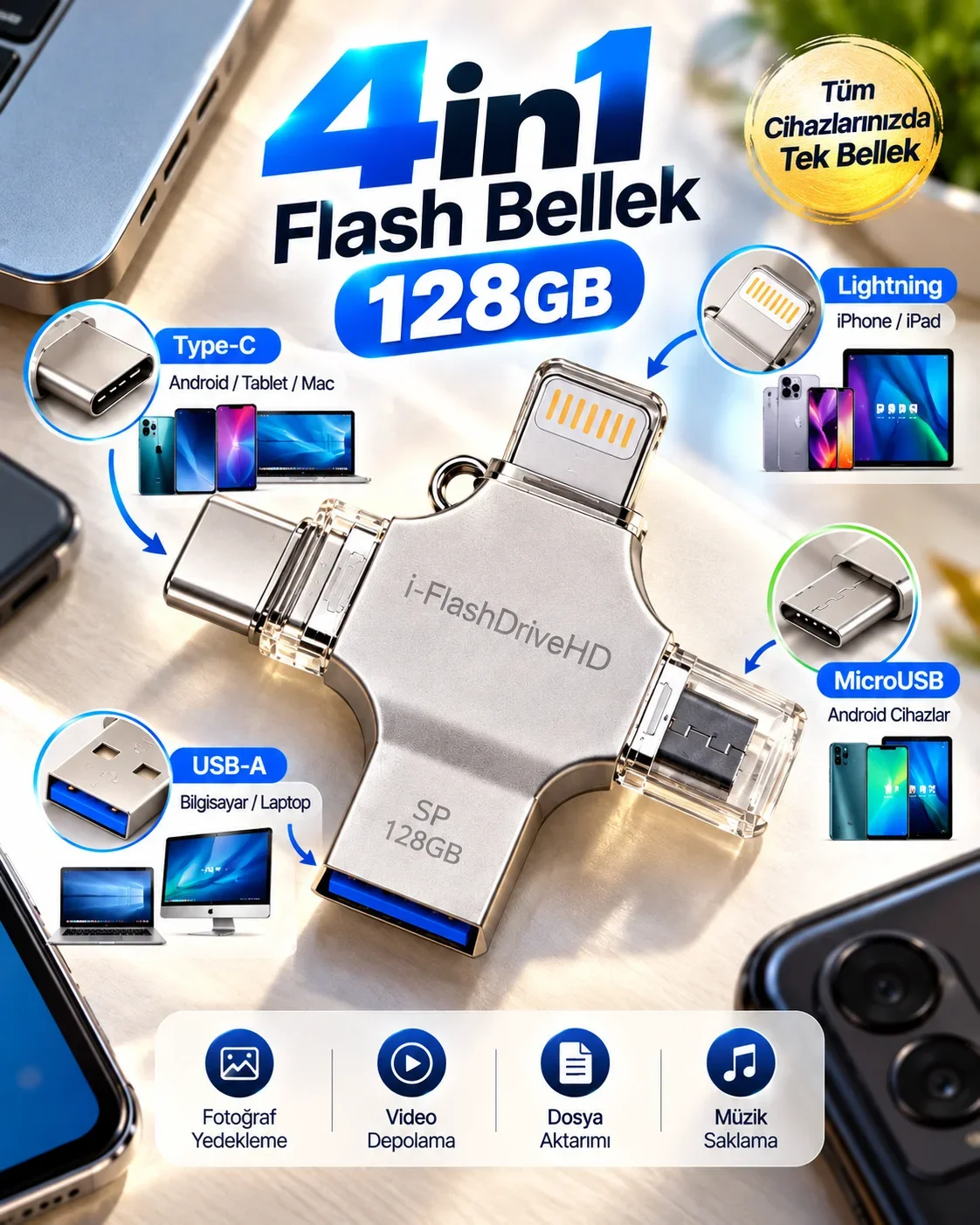 128GB 4’lü Girişli Flash Bellek Lightning Type-C USB-A MicroUSB Telefon Tablet Bilgisayar Uyumlu