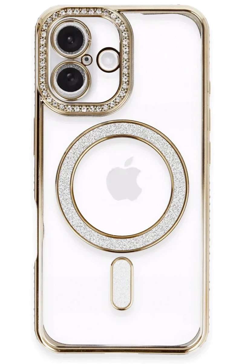 Apple iPhone 16 Kılıf Joke Simli Magneticsafe Kılıf - Gold görsel 2