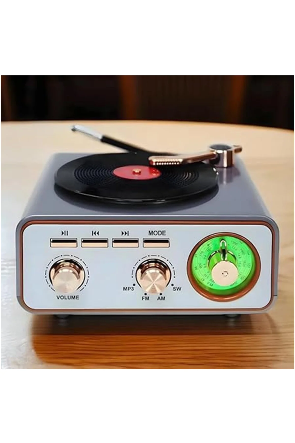 Metalik Nostaljik Tasarım Plak Çalar Görünümlü Radyolu Bluetooth Hoparlör Retro Müzik Plak görsel 2