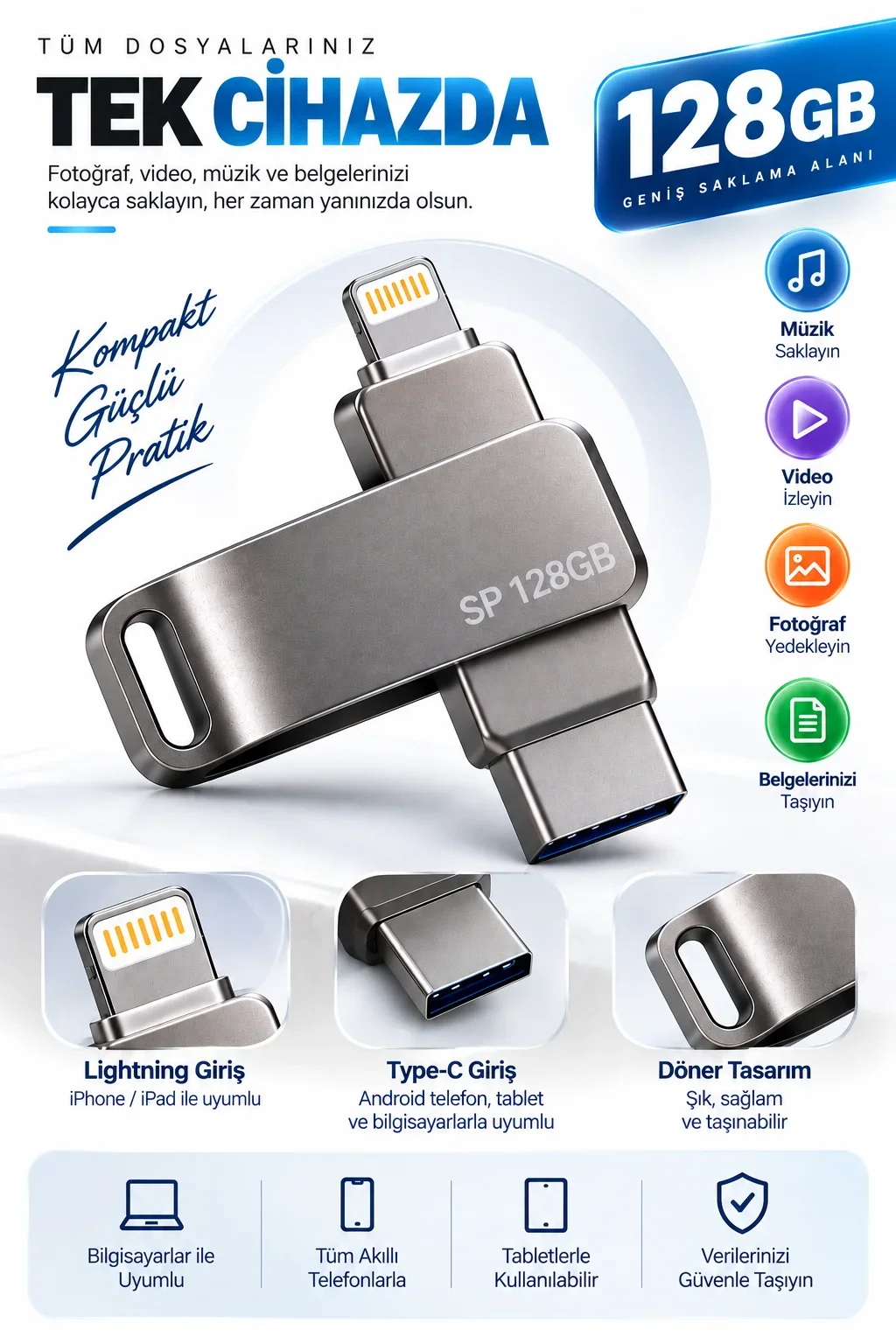 Çoklu Girişli 128GB Lightning Type C USB Flash Bellek Telefon Tablet ve Bilgisayar Uyumlu görsel 2