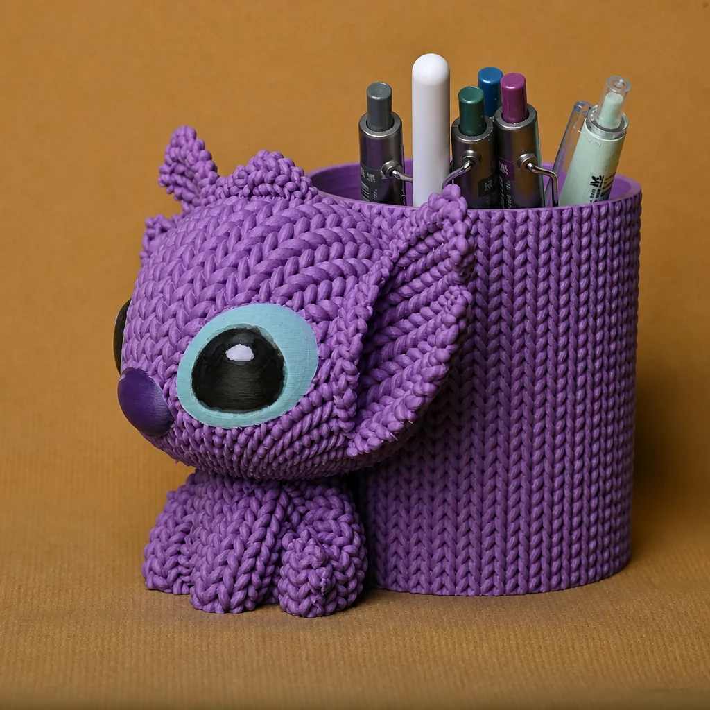 3D Baskı Knitted Kalemlik - Sevimli Karakterli Masaüstü Kalem Organizeri-Mor görsel 3