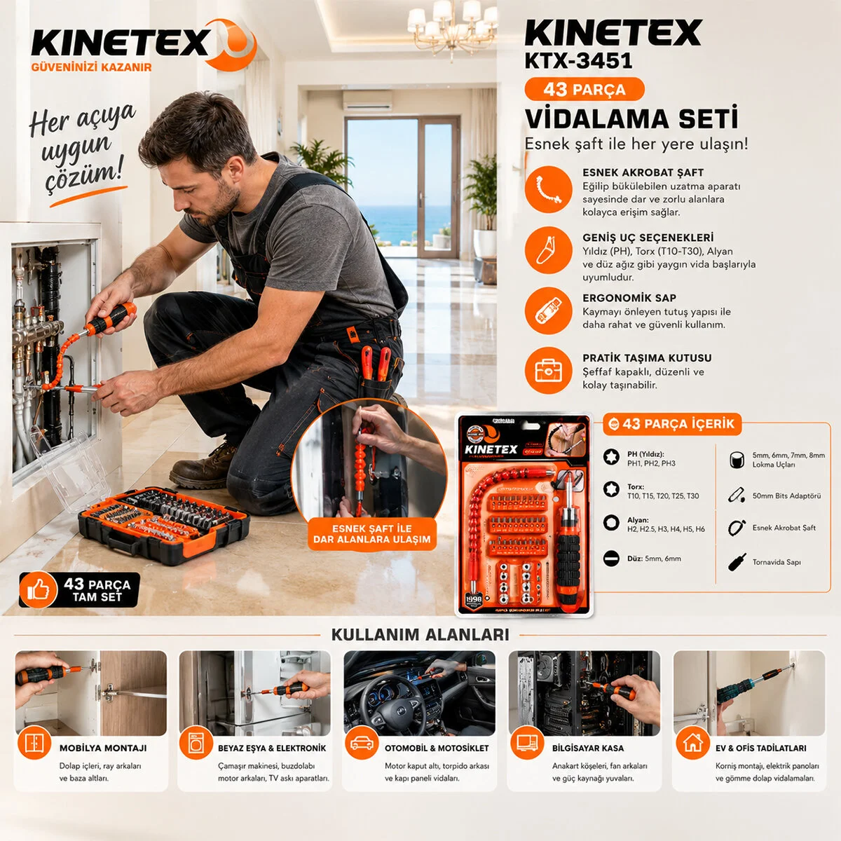 43PCS Silikon Sap Akrobat Uzatmalı Tornavida Bits Seti Manyetik Uç Tutucu KTX-3451 görsel 2