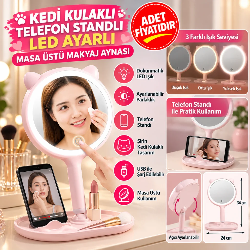 Kedi Kulaklı Telefon Standlı Yuvarlak Dokunmatik Led Ayarlı Masa Üstü Makyaj Aynası(adet fiyatıdır)
