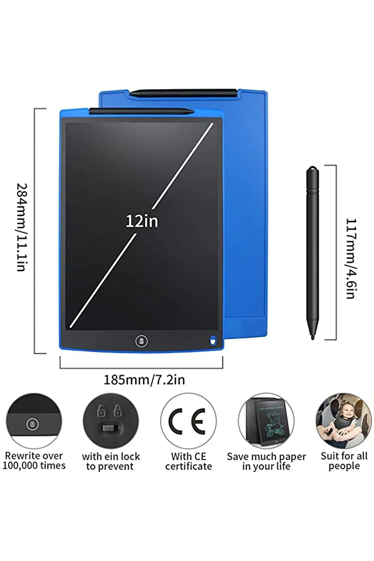 12 Inc Writing Lcd Grafik Dijital Kalemli Çizim Tableti Yazı Tahta Not Yazma Eğitim Tableti görsel 3