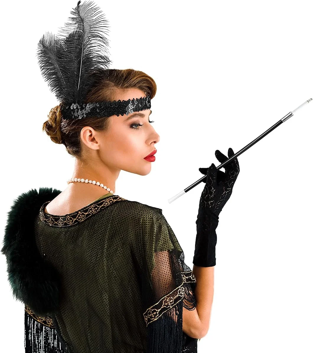 192039ler Gatsby Aksesuar Seti – Siyah Charleston Saç Bandı Lık görsel 2