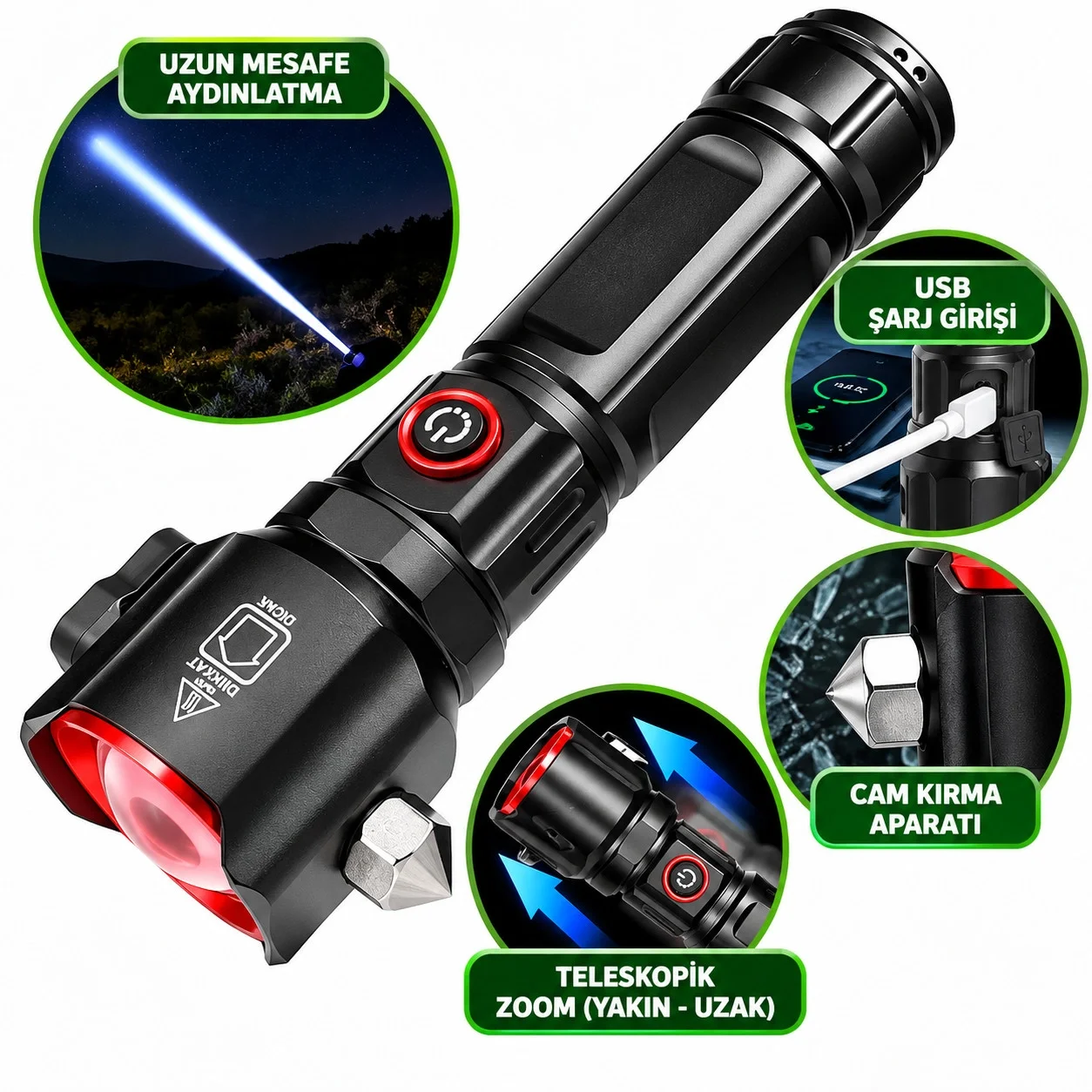 GS-3400 1500 Lümen Cam Kırma Aparatlı Zoomlu LED Şarj Edilebilir El Feneri görsel 2
