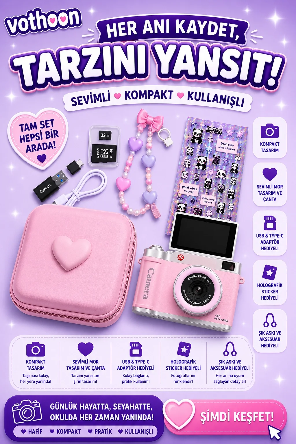 4K Çantalı Dijital Retro Video Kamera 48MP 16X Zoom Işıklı (32GB) Kart Dijital Fotoğraf Makinesi Pembe