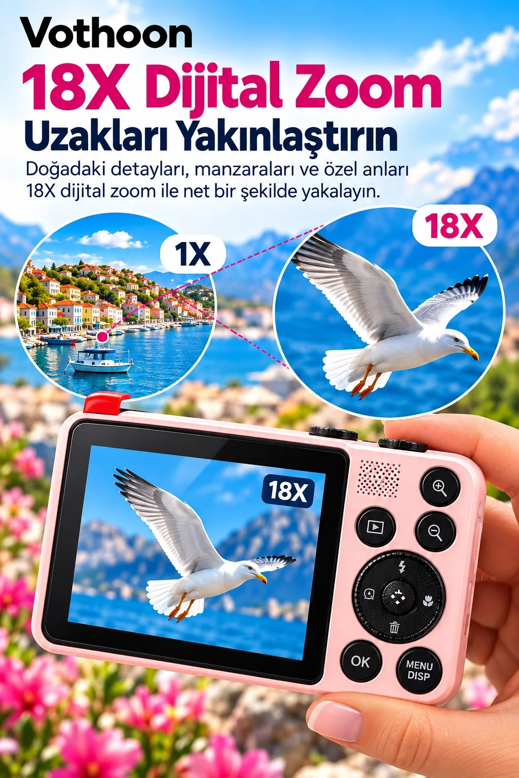 4K Dijital Fotoğraf Makinesi 18X Dijital Zoom 64 MP Ön ve Arka Ekranlı Kompakt Kamera Pembe görsel 3
