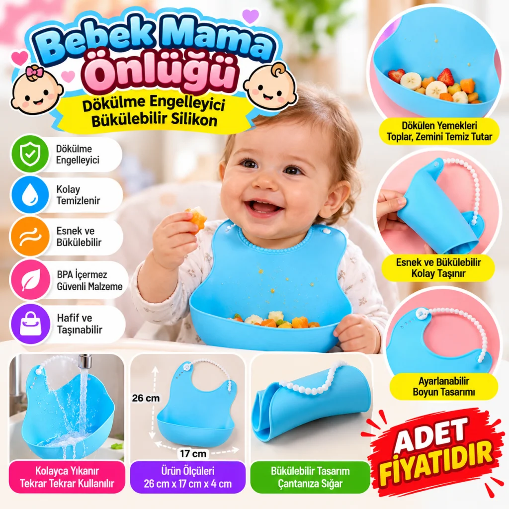 Çocuk Bebek Mama Önlüğü Dökülme Engelleyici Bükülebilir Mavi (adet fiyatıdır)