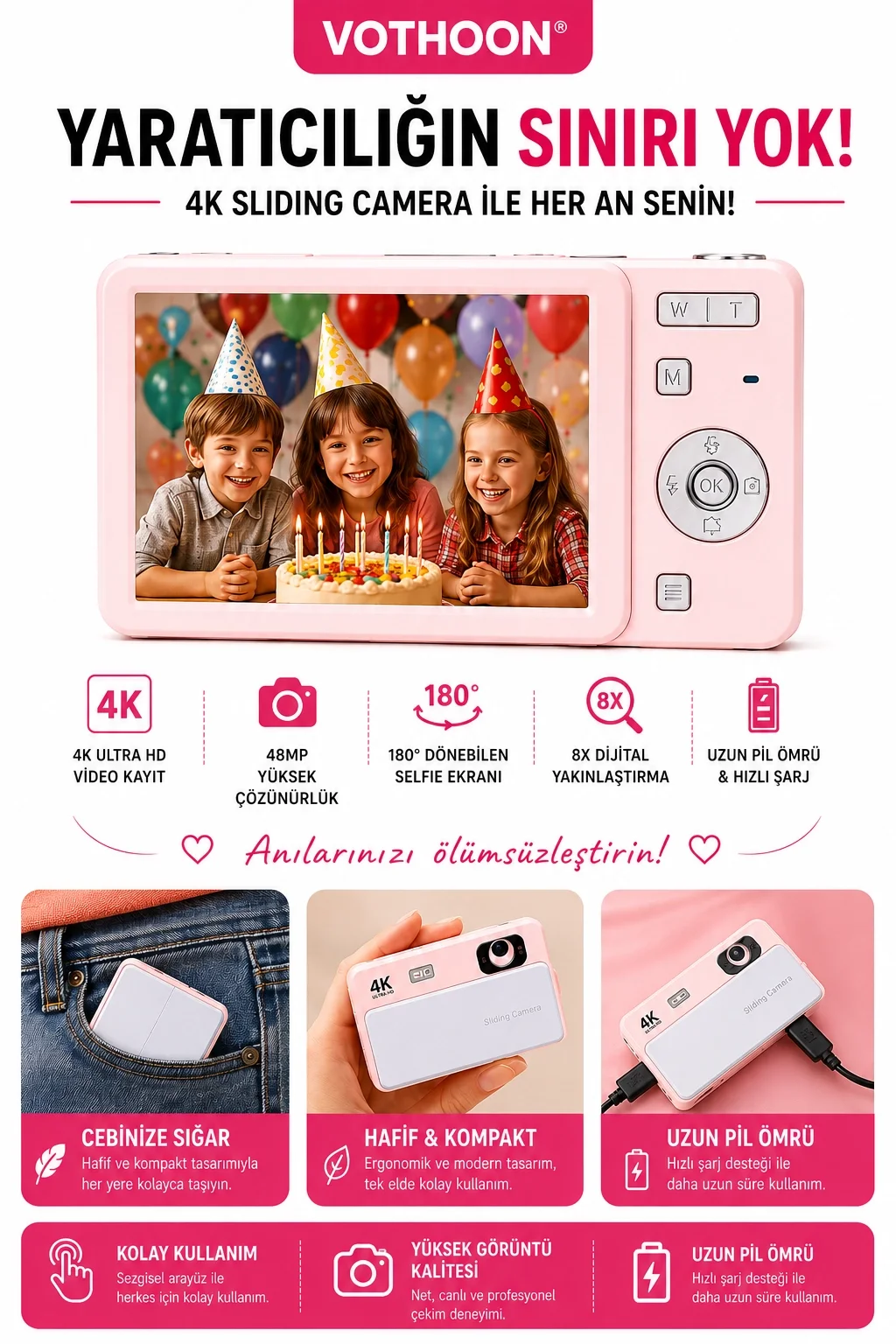 Dijital Kamera 4K HD 48MP 8X Zoom Flaşlı Kayar Retro Video Kamera 2.4’’ Ekran 64GB SD Kart Hediyeli Pembe görsel 3
