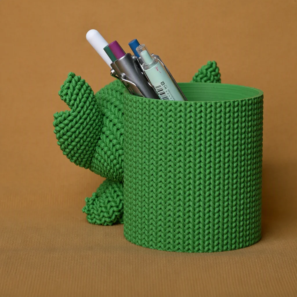 3D Baskı Knitted Kalemlik - Sevimli Karakterli Masaüstü Kalem Organizeri-Yeşil görsel 2