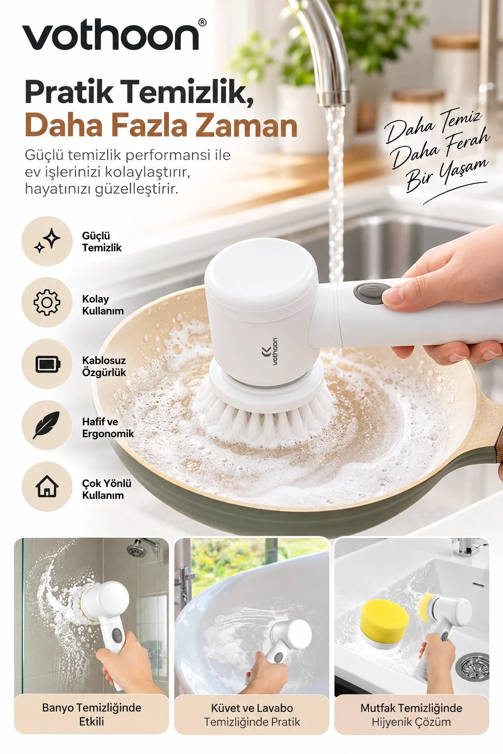Şarjlı Elektrikli Temizlik Fırçası Mutfak Banyo Lavabo ve Küvet İçin Çok Amaçlı Döner Fırça