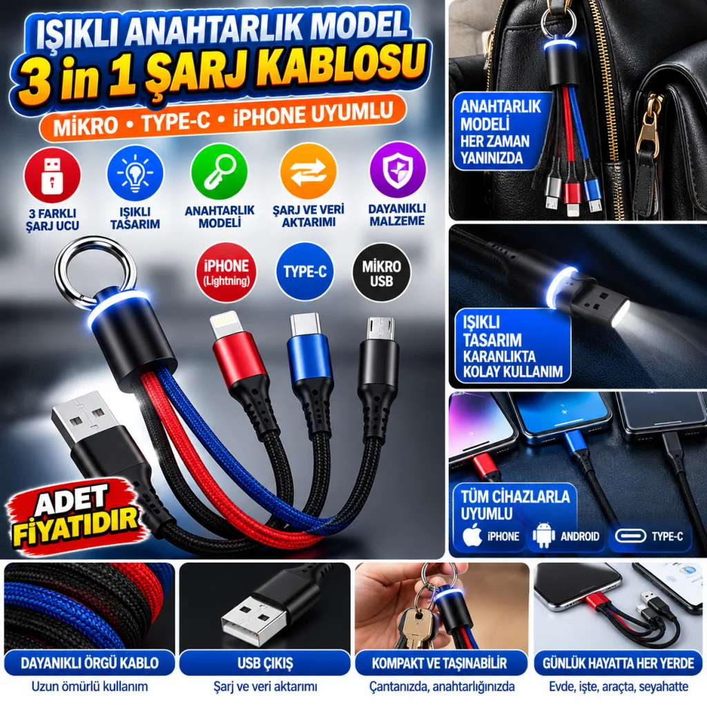 Işıklı Anahtarlık Model 3 in 1 USB Çıkışlı MİKRO,TYPE-C ve İphone Uyumlu Şarj Kablosu