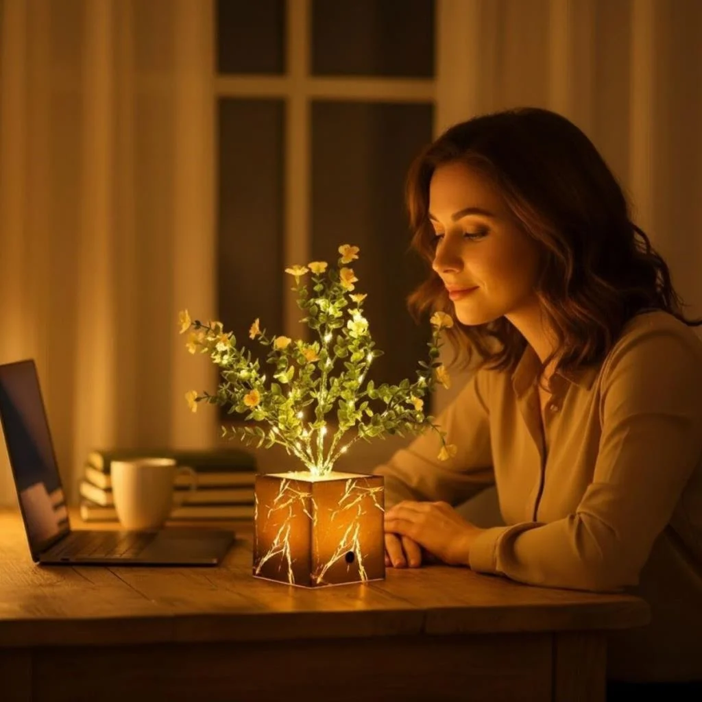 Işıklı Yapay Çiçek – Siyah Saksılı LED Dekoratif Bitki, Masaüstü ve Ev Ofis Aydınlatmalı Süs Bitkisi görsel 2