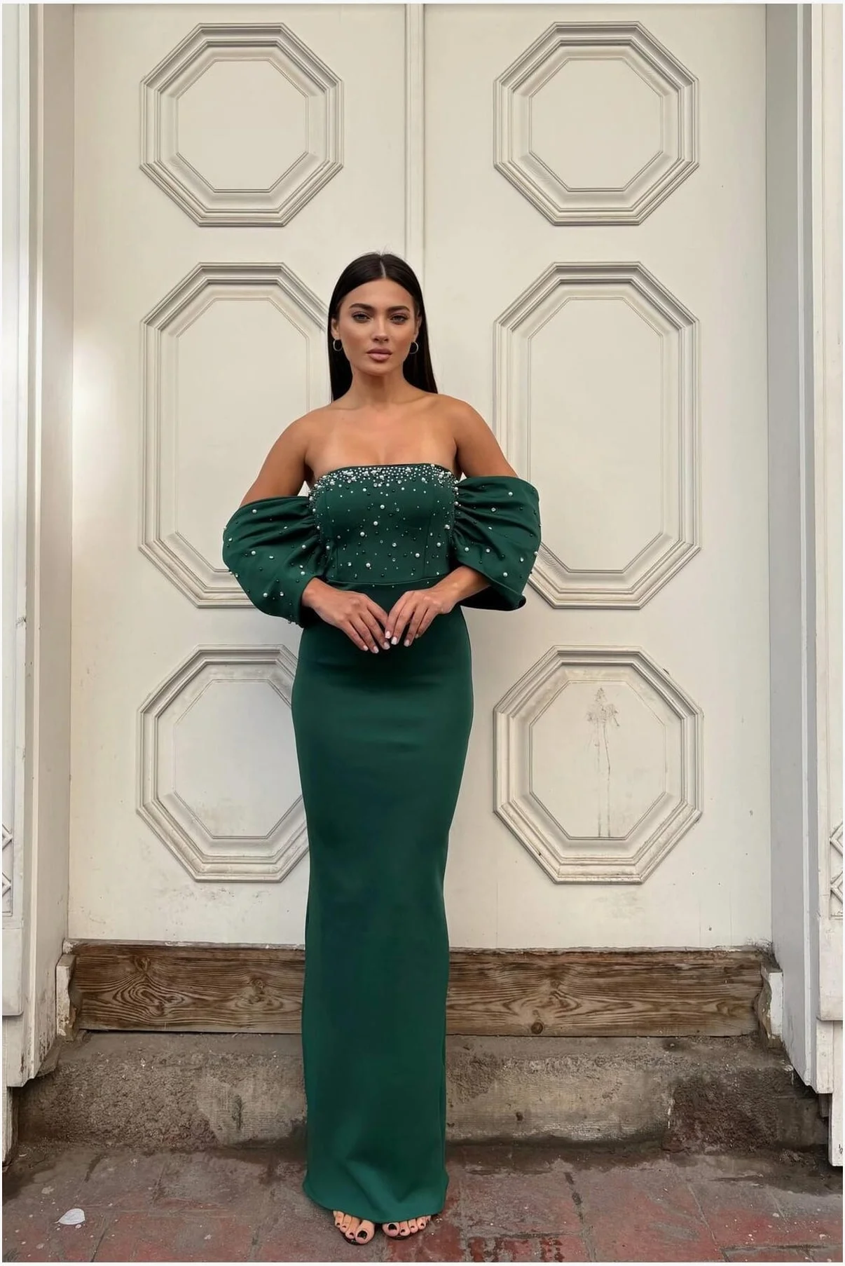 Kadın Trend Model Esnek Tül Kumaş Straplez Abiye Elbise görsel 2