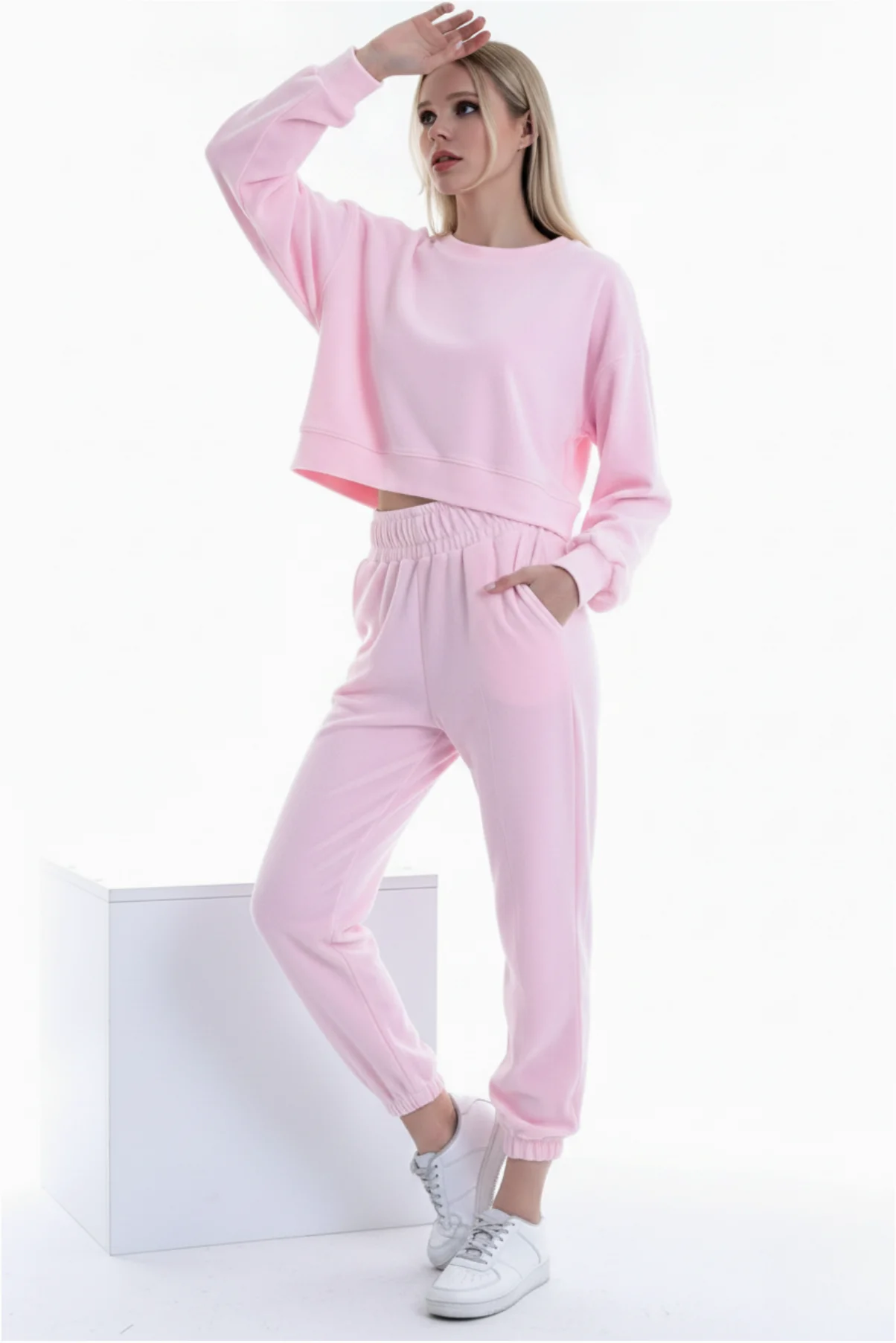 Kadın Yuvarlak Yaka Rahat Eşofman Takımı Sweatshirt görsel 3