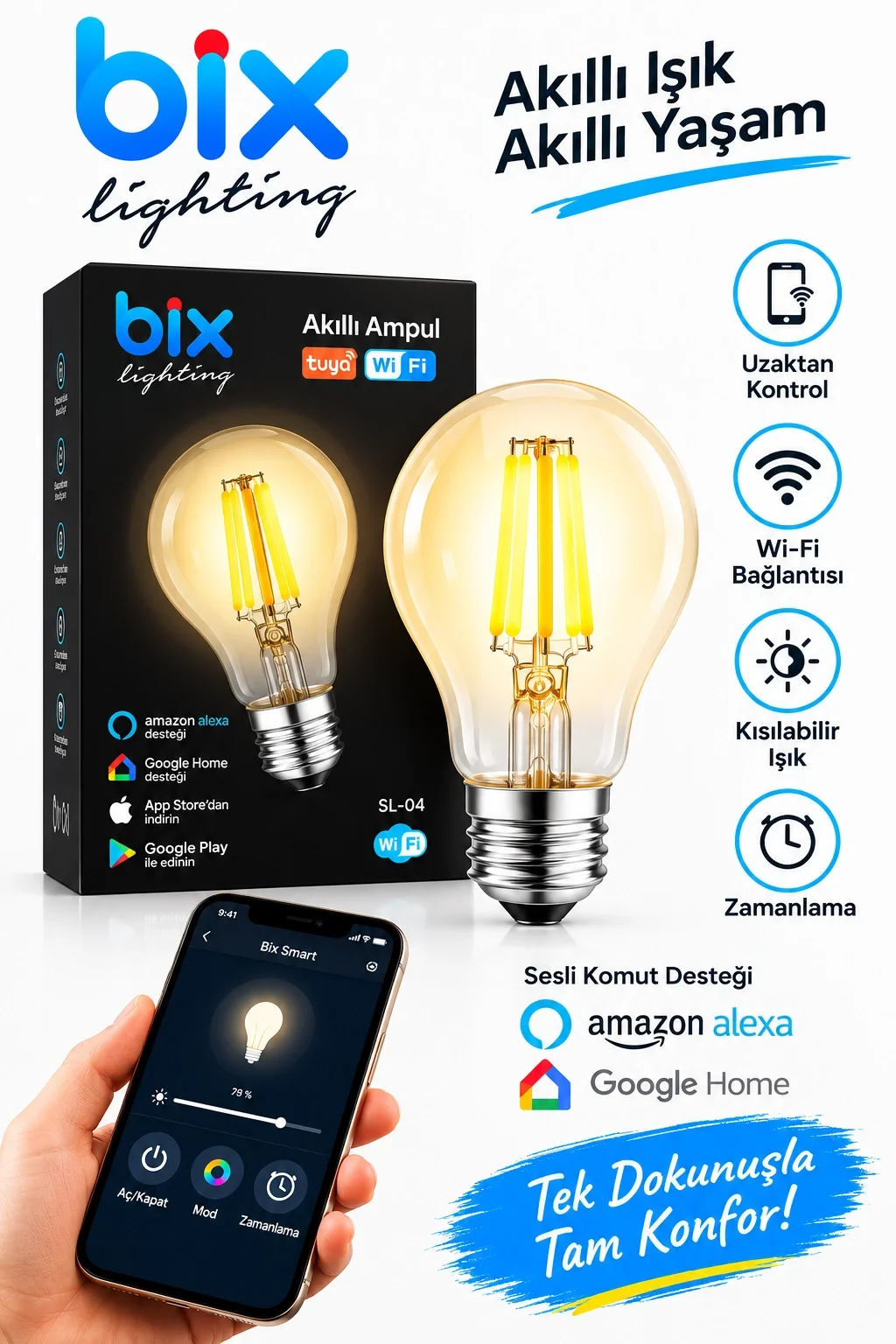 6W Daylight A+ Akıllı Ampul WiFi Uzaktan Kontrol Dim Edilebilir Alexa Google Uyumlu E27 Sarı görsel 4