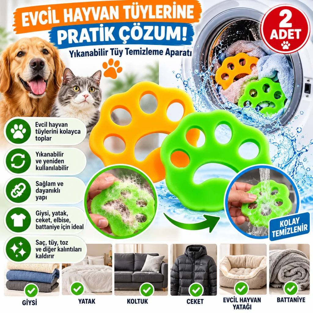 2 Adet Evcil Hayvanlar ve Çamaşır Makinesi İçin Pati Şekilli Renkli Tüy Temizleme Aparatı