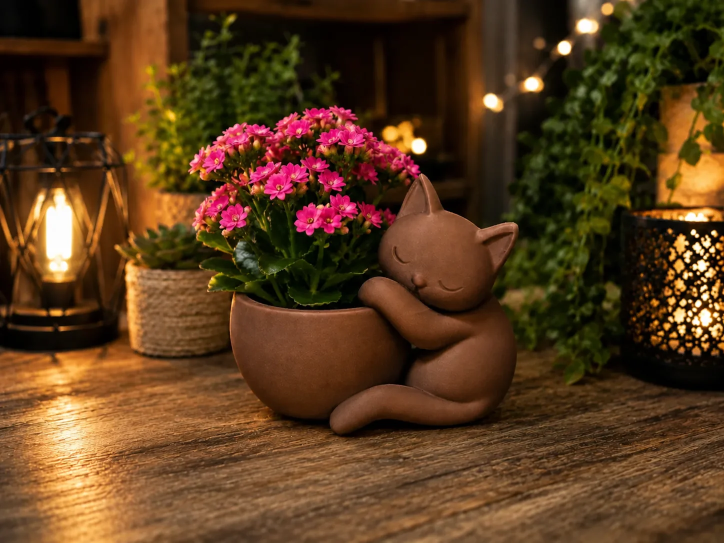 3D Baskı Sarılan Kedi Saksı - Sevimli Dekoratif Saksı - Kahverengi