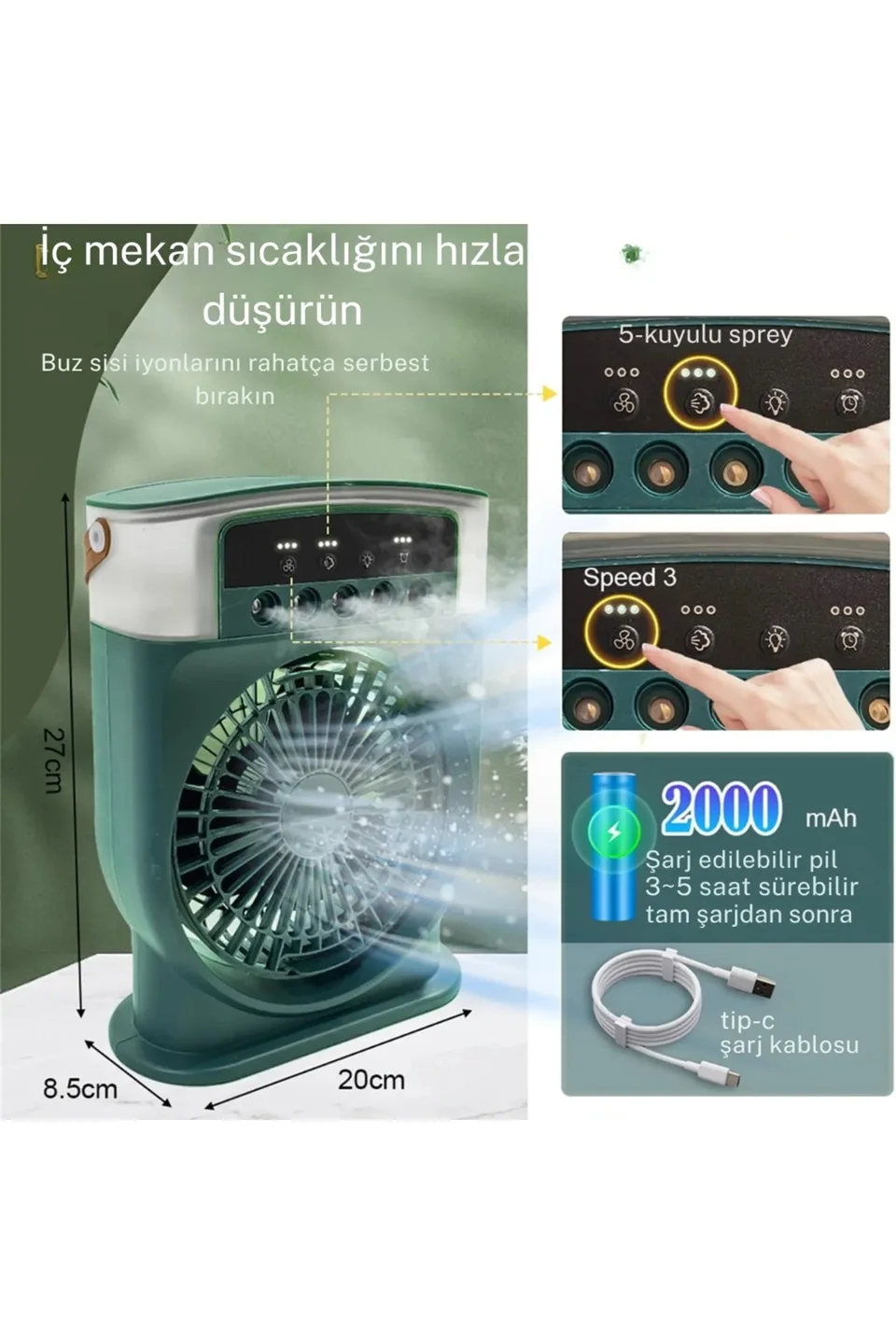 Şarjlı 600 ml Su Hazneli Taşınabilir Masaüstü Vanilatör Güçlü Fan ve 2000 mAh Pil siyah görsel 4