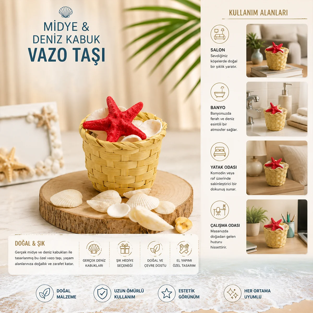 Midye ve Deniz Kabuk Vazo Taşı (Ahşap Sepetli, Küçük) görsel 2