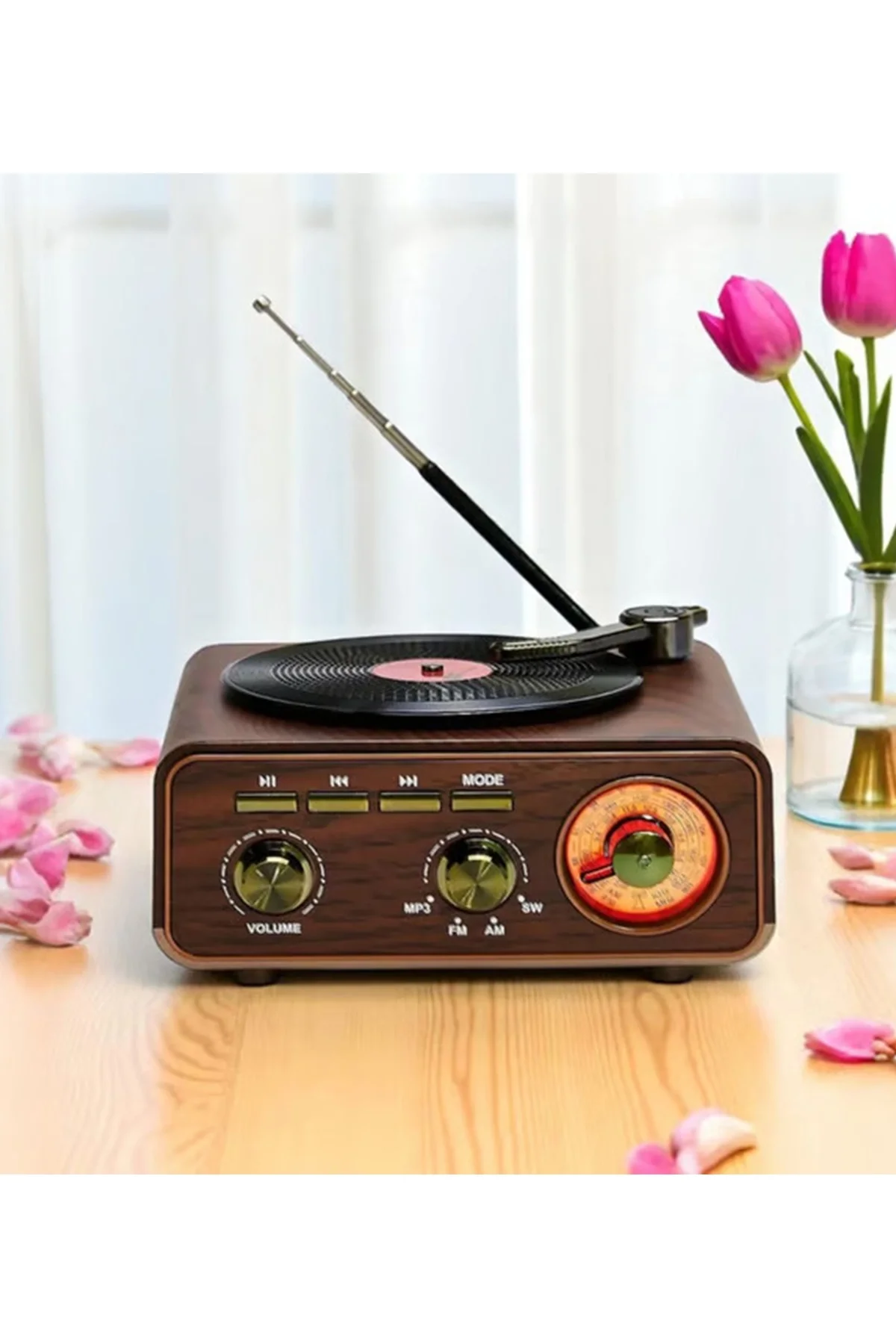 Nostaljik Tasarım Plak Çalar Görünümlü Radyolu Bluetooth Hoparlör Retro Müzik Plak görsel 2