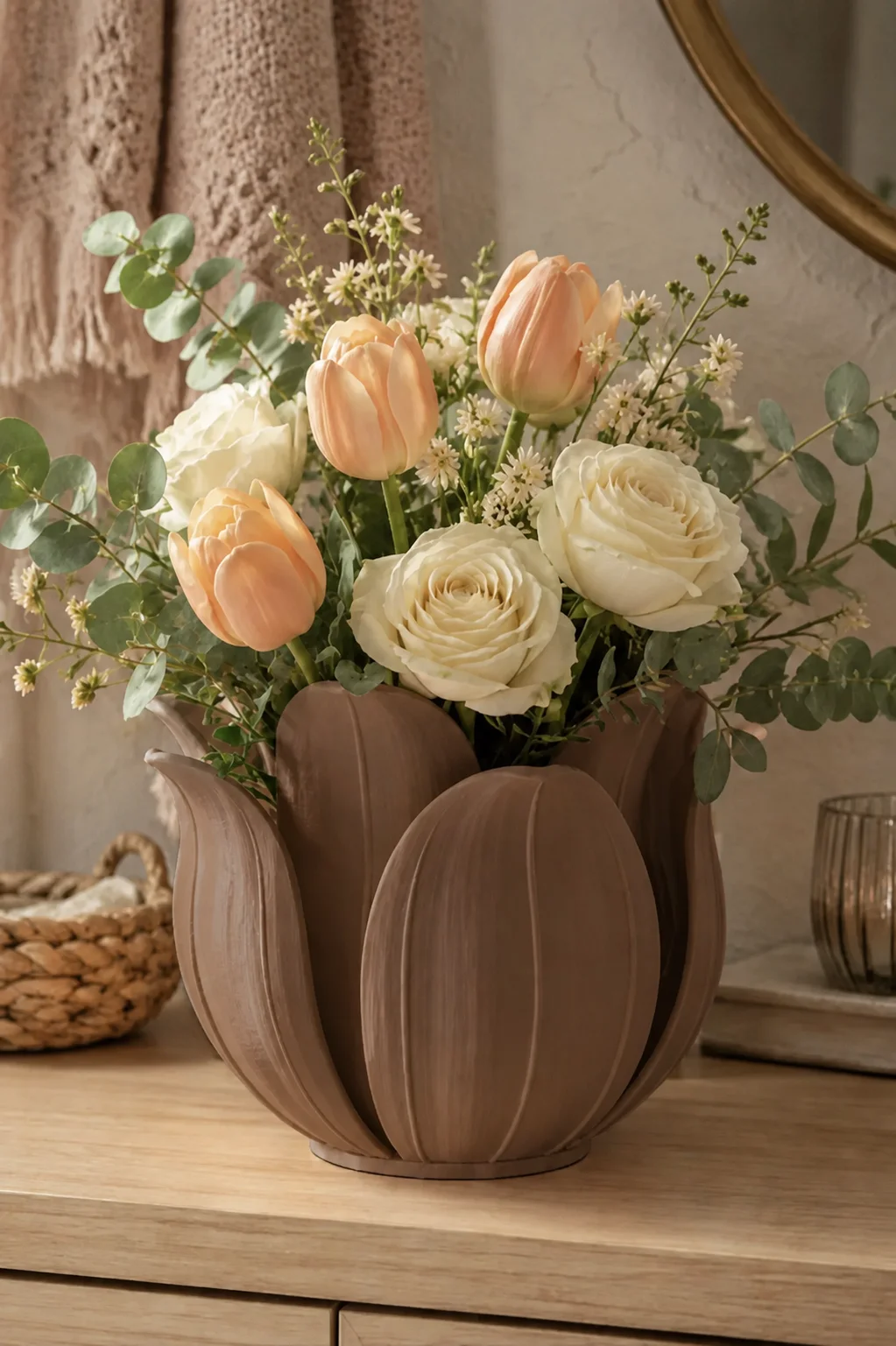 3D Baskı Lotus Yapraklı Vazo - Dekoratif Çiçeklik-Kahverengi görsel 2