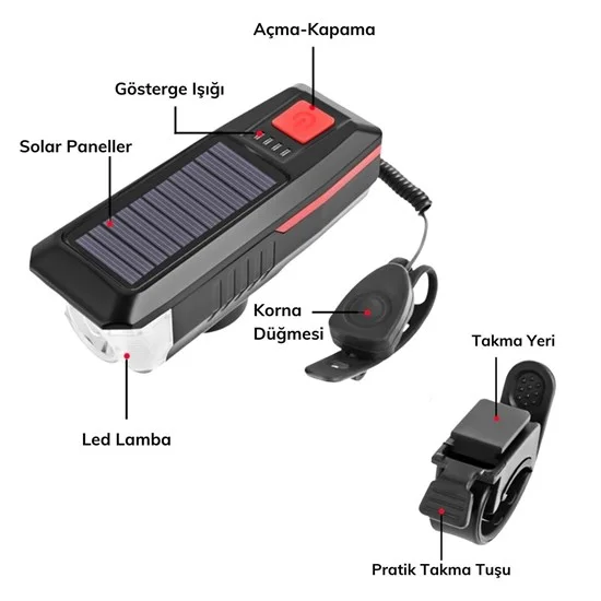 Solar Enerjili USB ile Şarj Edilebilir Ledli Bisiklet Feneri Kornalı ve Su Geçirmez Far görsel 3