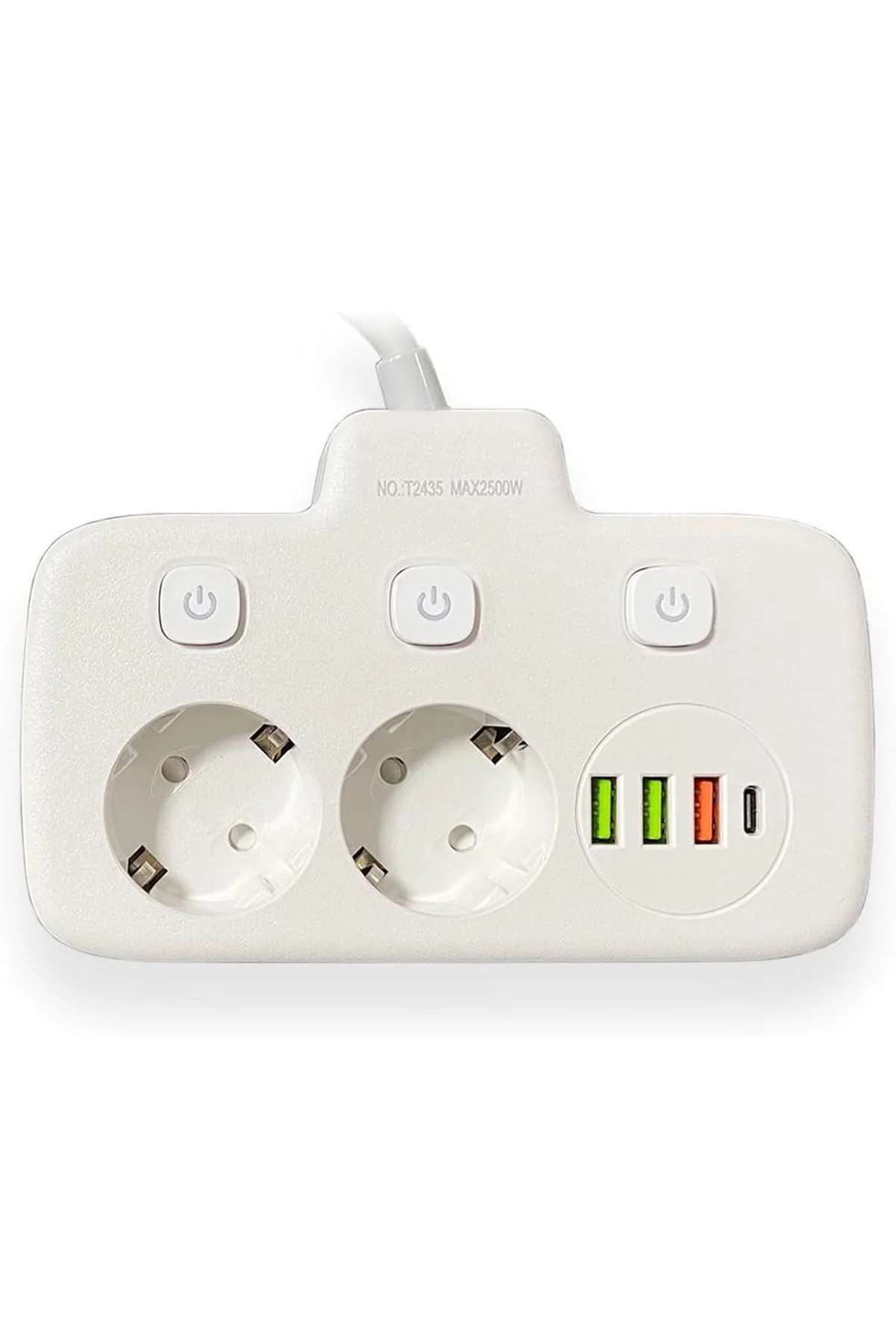 Akım Korumalı 2’li Ayrı Anahtarlı Priz, 2x Priz, 3x USB, 1x Type-C, 2 mt Kablo, Hızlı Şarj görsel 4