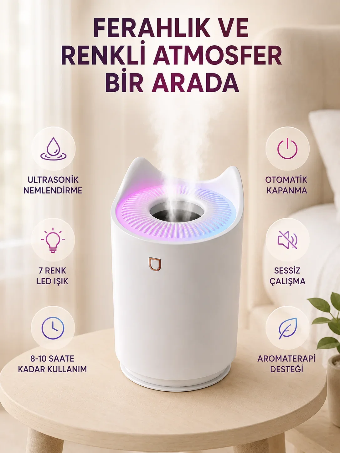 Oda Nemlendirici LED Işıklı Ultrasonik Buhar Makinesi Aroma Difüzör görsel 3