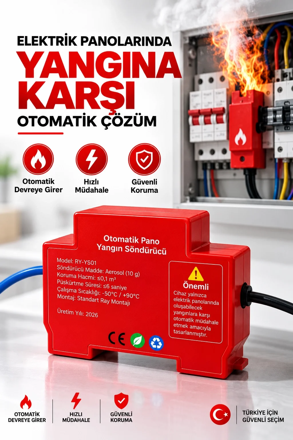 Otomatik Pano Yangın Söndürücü 20 Gr Aerosol Isı Sensörlü Elektrik Panosu Koruma Cihazı görsel 4